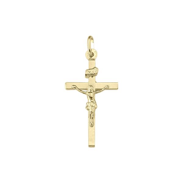 10K Yellow Gold Square Crucifix Pendant With Engraved Pattern