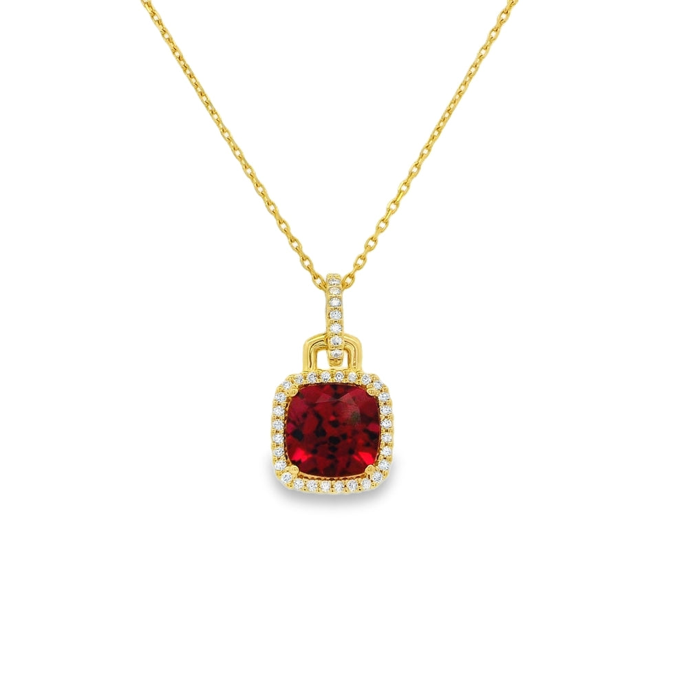 14K Yellow Gold 8x8mm Cushion Cut Pink Rhodolite Garnet And Diamond Set Halo Pendant