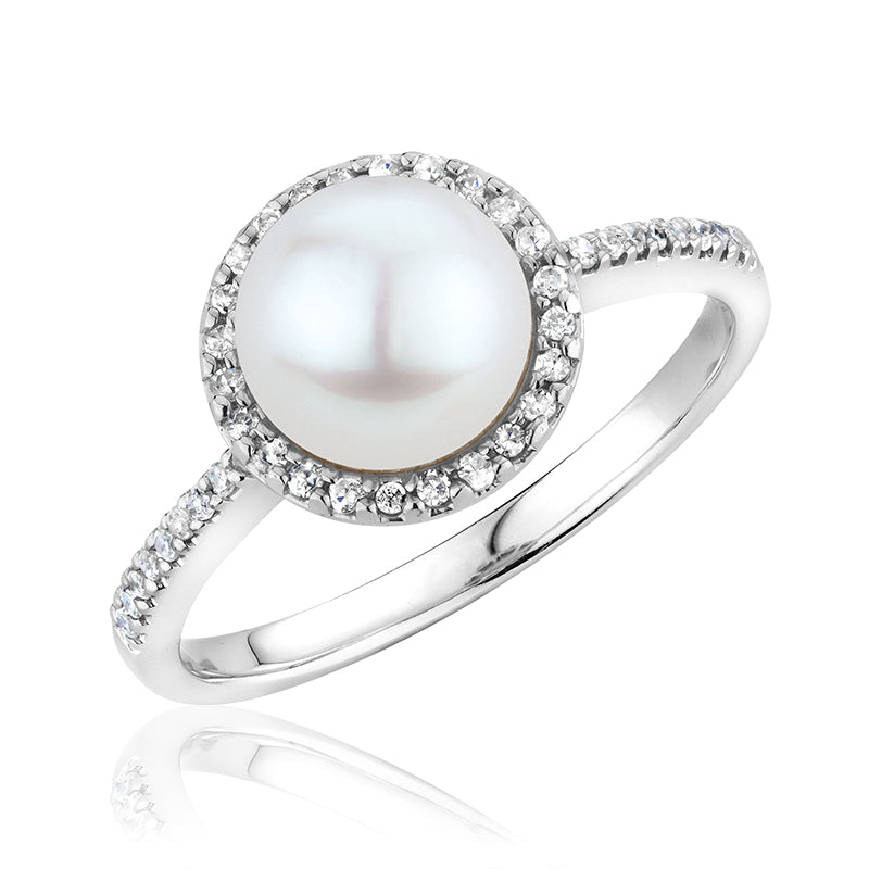 Women's 14K White Gold White 7mm Cultured Pearl And 0.17 TDW Diamond Halo Ring