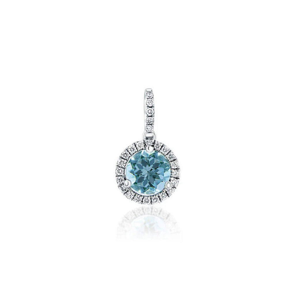 18K White Gold 1.01 CTW Round Montana Sapphire And 0.12 CTW Diamond Halo Pendant