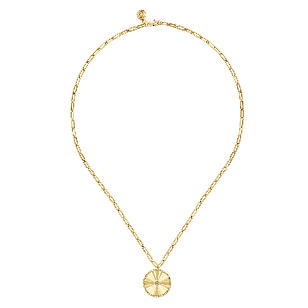 14K Yellow Gold Medallion Pendant With A 0.05 CTW Diamond Complete With Chain
