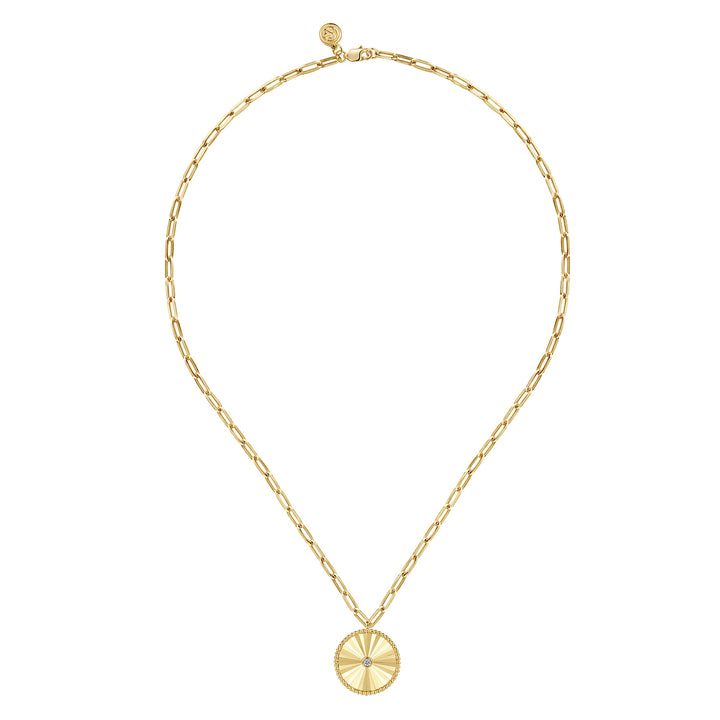 14K Yellow Gold Medallion Pendant With A 0.05 CTW Diamond Complete With Chain