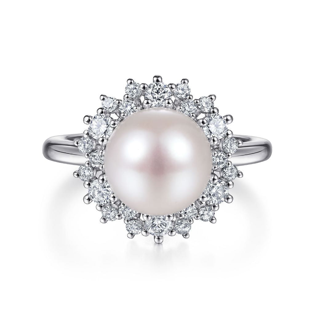 Women's 14K White Gold White 9mm Cultured Pearl And 0.47 TDW Diamond Ring