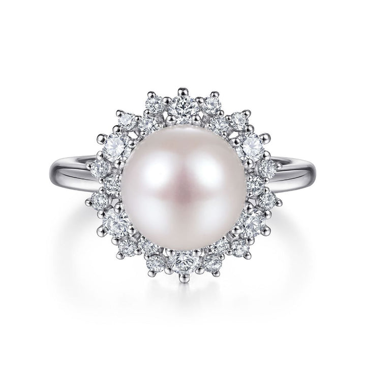 Women's 14K White Gold White 9mm Cultured Pearl And 0.47 TDW Diamond Ring