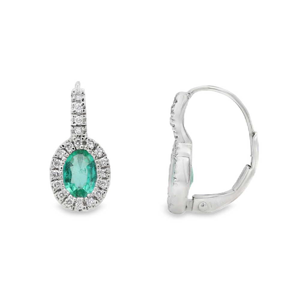 14K White Gold 0.82 CTW Oval Emerald And 0.14 CTW Diamond Drop Earrings