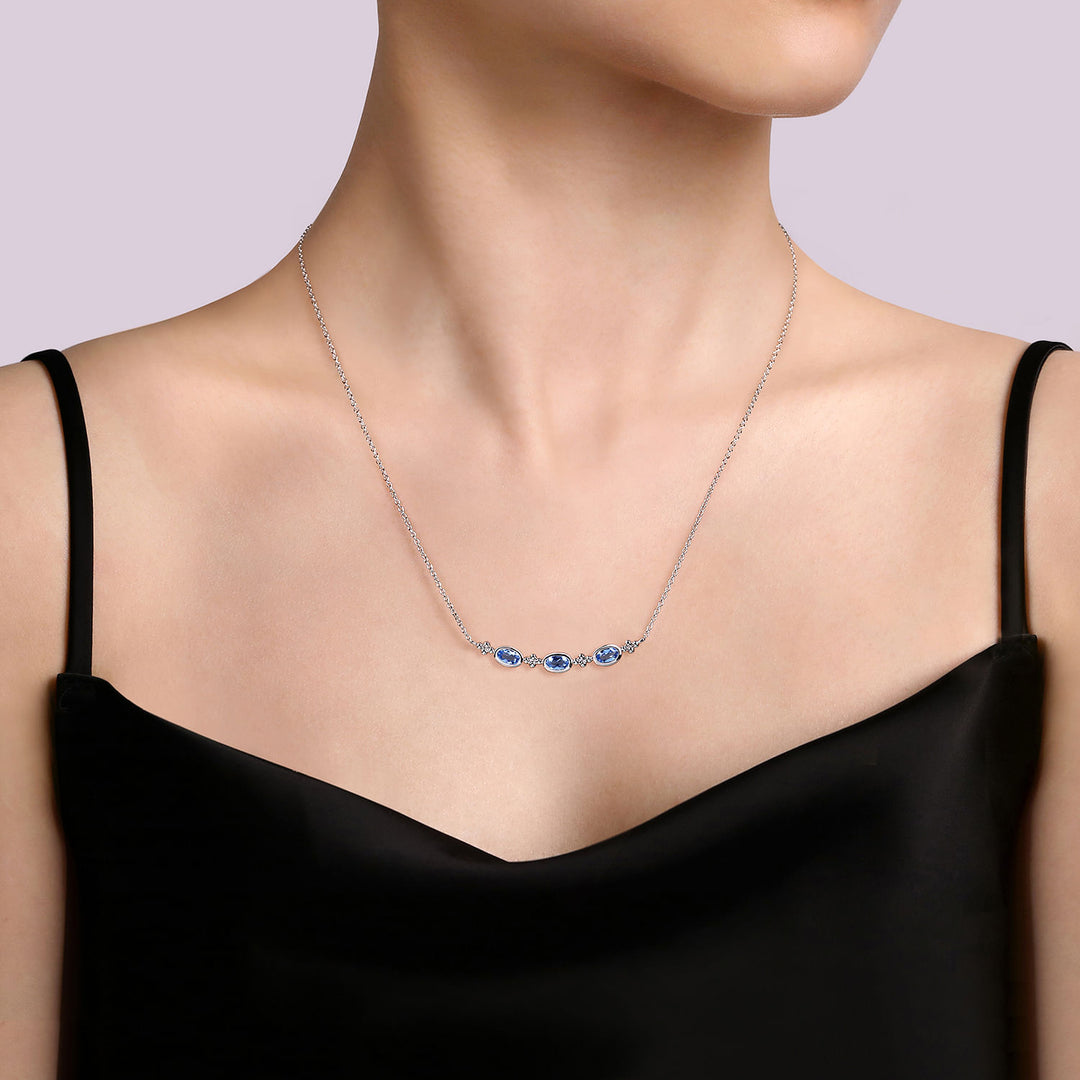 Gabriel & Co. Sterling Silver Curved Bar Necklace With Blue Topaz
