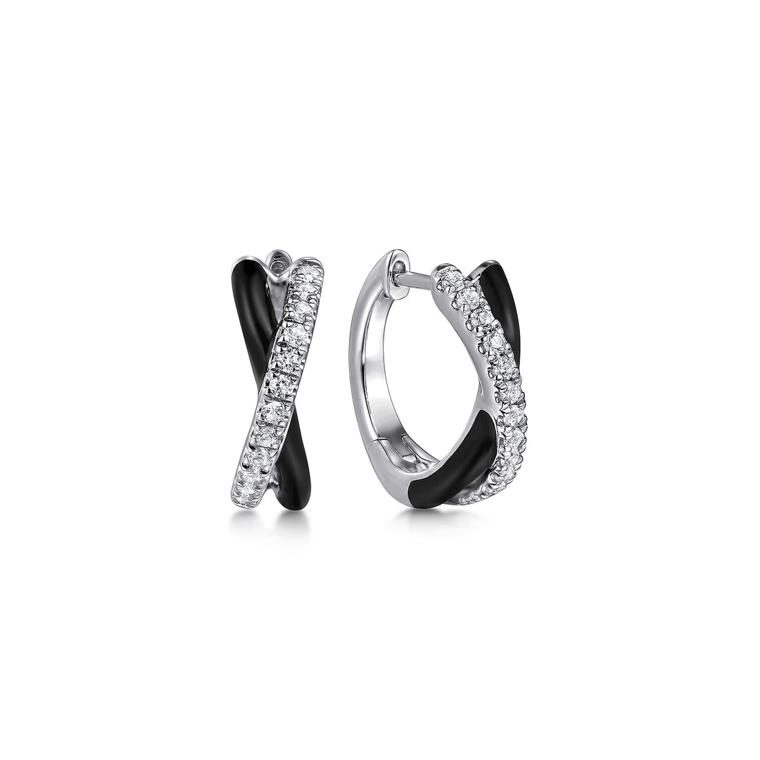 Sterling Silver Gabriel & Co. Huggie Earrings With White Sapphires and Black Enamel