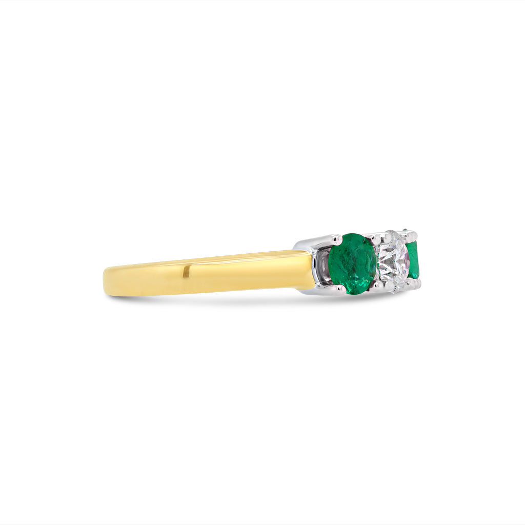 14K Yellow And White Gold 3-Stone Emerald And 0.41 CT Diamond Ring