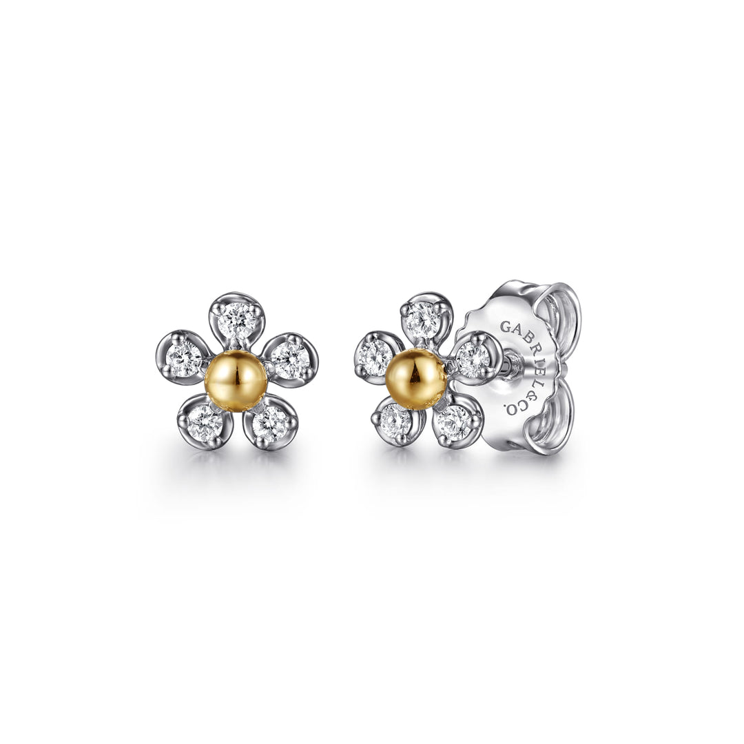 Sterling Silver And 14K Yellow Gold Gabriel & Co. Flower Stud Earrings With Diamonds