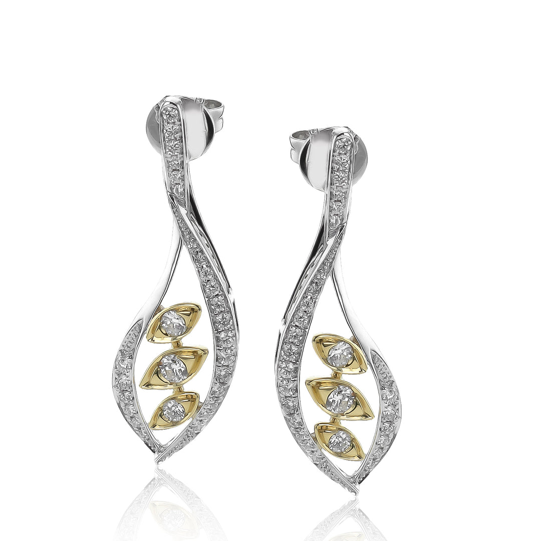 18K Yellow And White Gold 0.63 CTW Diamond Set Teardrop Shaped Drop Style Earrings