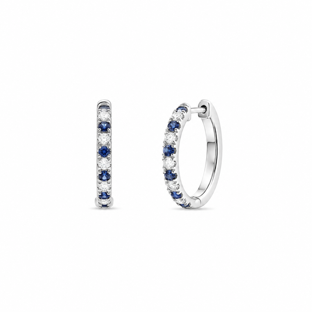 14K White Gold 0.75 CTW Round Sapphire And 0.42 CTW Diamond Hoop Earrings