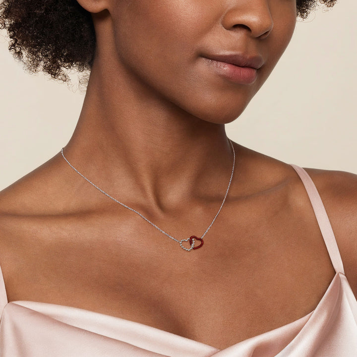 Sterling Silver Gabriel & Co Bujukan Double Heart Necklace with Chrome Red Enamel