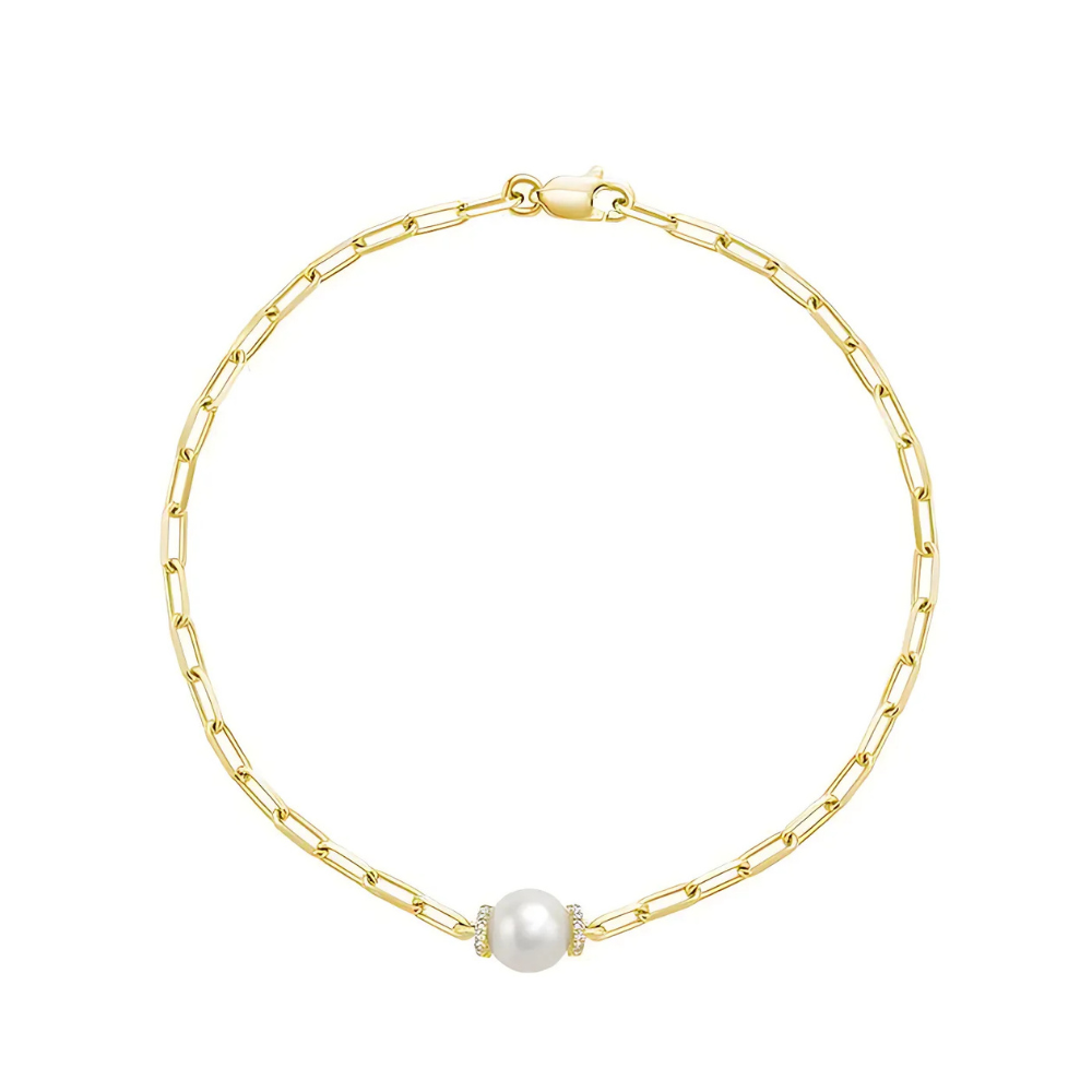 Women's Pearl And 0.07 CTW Diamond Paperclip Link 7" Bracelet