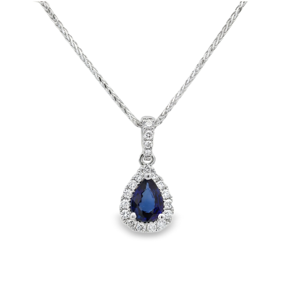 18K White Gold 0.64 CTW Pear Sapphire And 0.22 CTW Diamond Halo Pendant