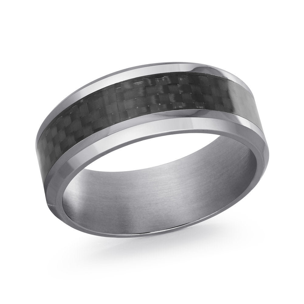 Tantalum Comfort Fit Flat Ring Polished Finish With Carbon Fibre Inlay And Beveled Edge, Size 12