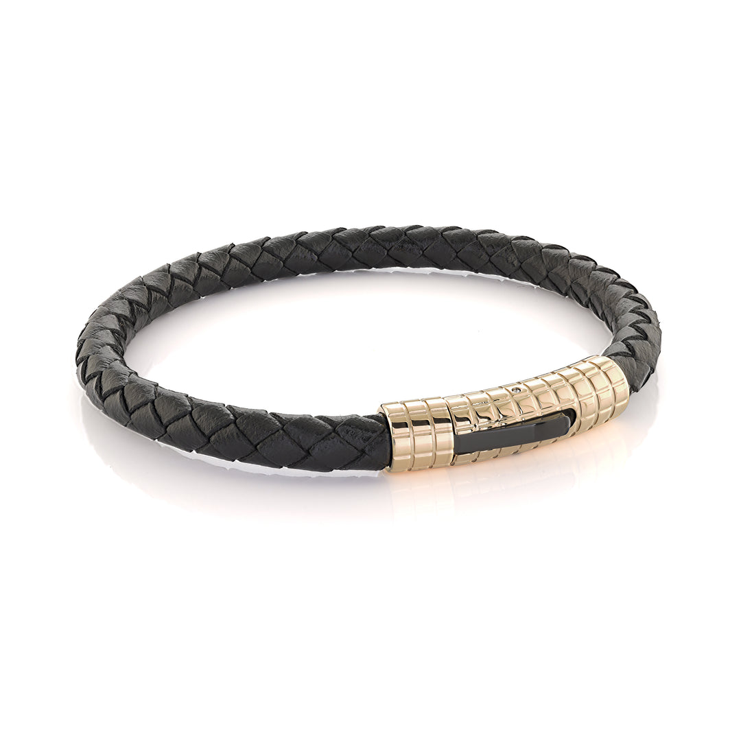 Stainless Steel Yellow Gold Plated And Braided Black Leather Bracelet