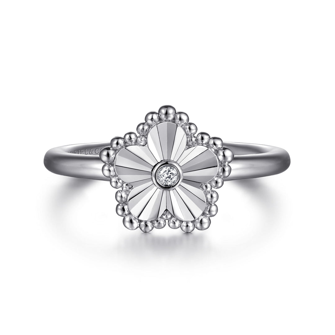 Sterling Silver Gabriel & Co. Faceted Flower Ring With Diamond