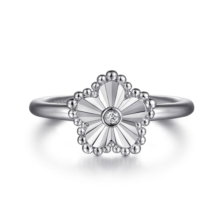 Sterling Silver Gabriel & Co. Faceted Flower Ring With Diamond
