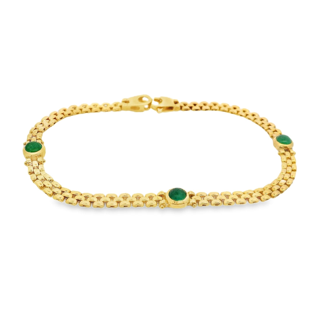 Estate - 14K Yellow Gold Cabachon Emerald 7" Bracelet