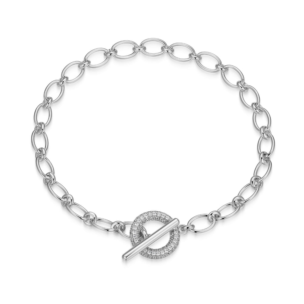 ELLE Rhodium Plated Sterling Silver Toggle Clasp Link Bracelet With Cubic Zirconias