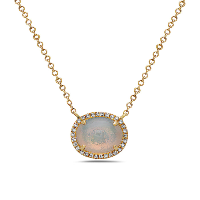 14K Yellow Gold Natural 1.02 CT Oval Opal And 0.07 TDW Diamond Necklace