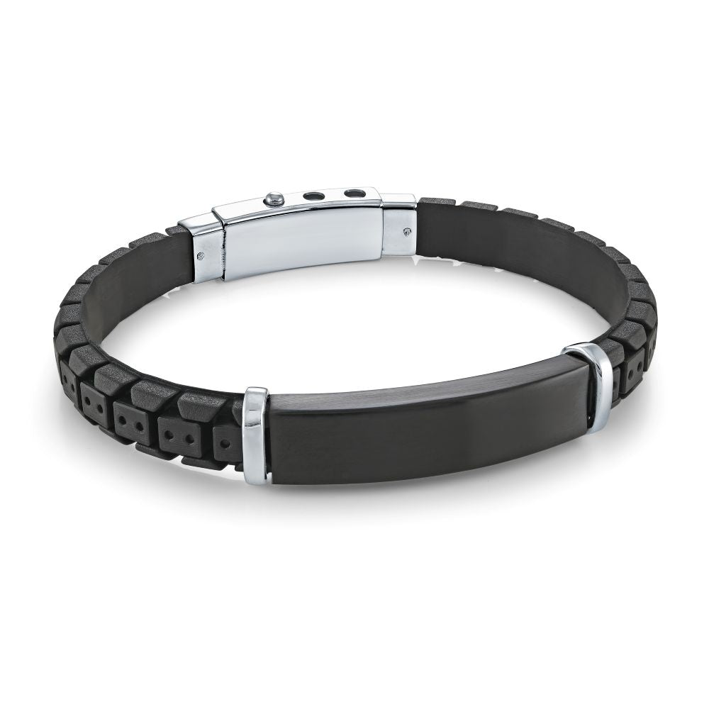 Italgem Stainless Steel BlackTire Rubber Adjustable Bracelet With I.D. Plate
