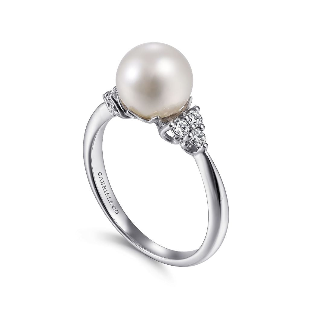 Women's 14K White Gold White 8mm Cultured Pearl And 0.17 TDW Diamond Ring