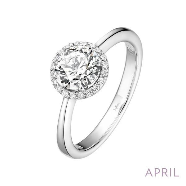 Lafonn Rhodium Plated Sterling Silver Birthstone - April Halo Ring With Clear Cubic Zirconia