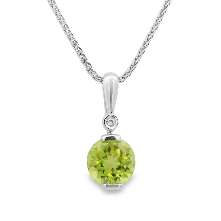 14K White Gold 7.5-8mm Round Peridot And 0.01 CTW Diamond Drop Pendant