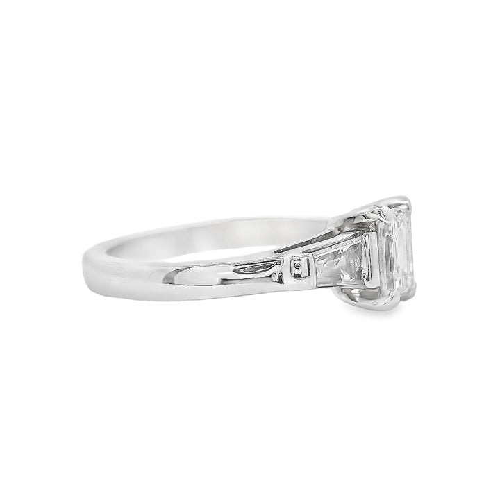 Estate - 14K White Gold Emerald Cut Diamond And Baguette Cut Diamond Ring, Size 5.5