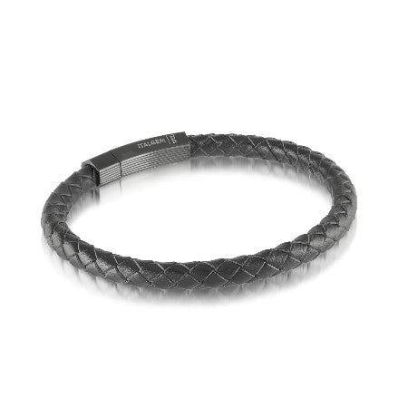 Black Plated Stainless Steel And  Leather Bracelet
