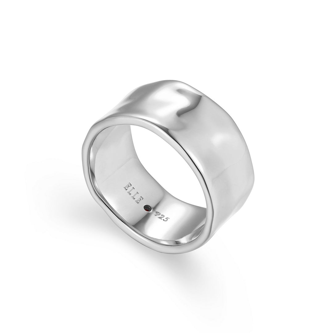 ELLE Rhodium Plated Sterling Silver Hammered Finish Wide Ring