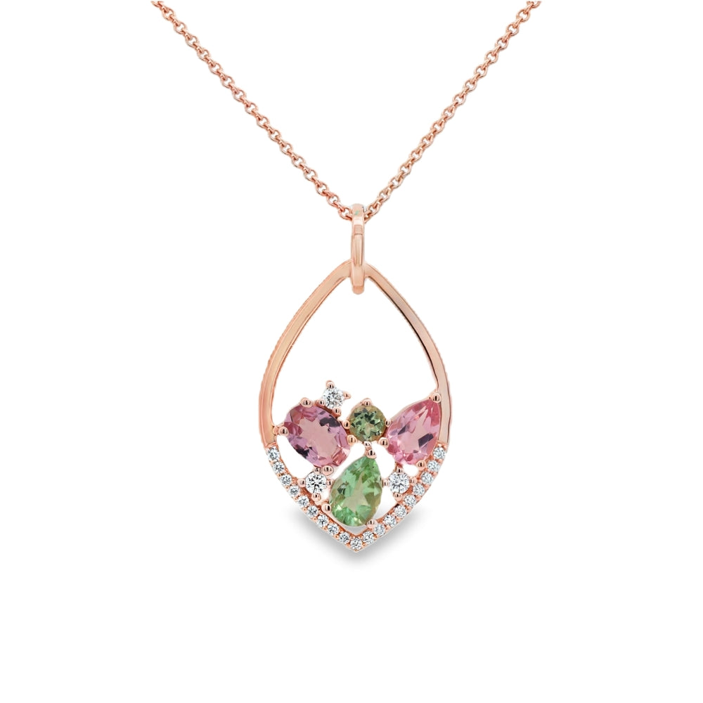 14K Rose Gold Teardrop Pendant With Pink And Green Tourmalines And Diamonds