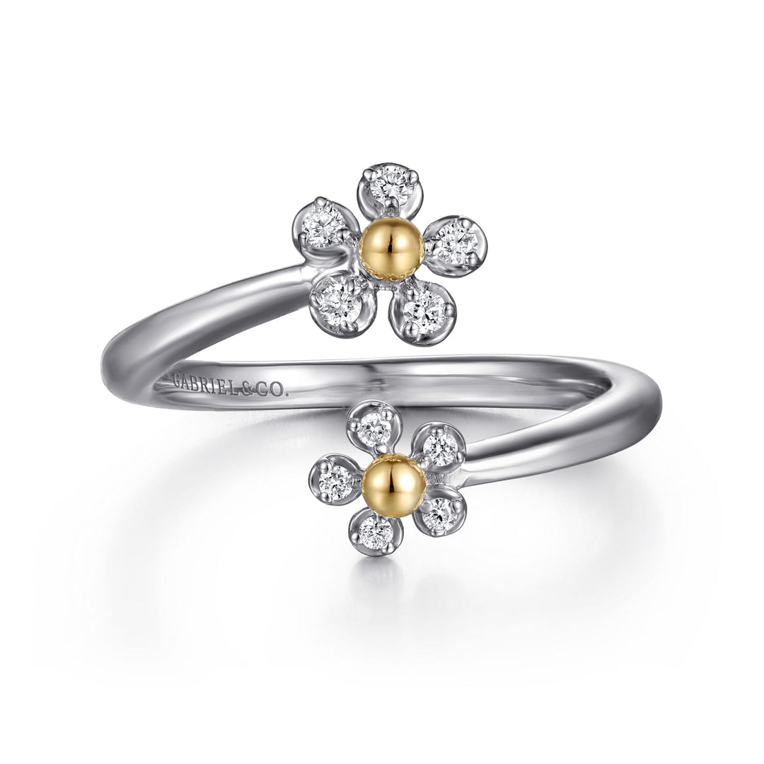 Sterling Silver And 14K Yellow Gold Gabriel & Co. Flowers Bypass Ring With Diamonds