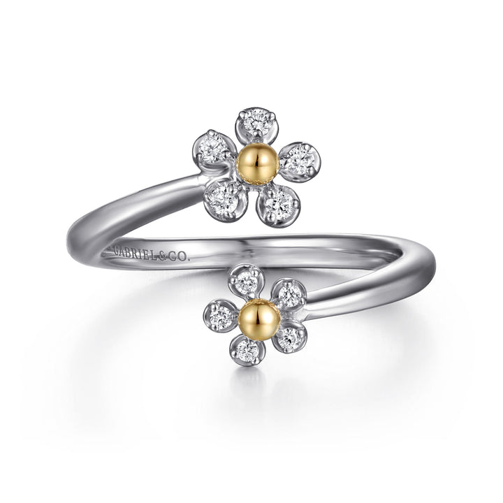 Sterling Silver And 14K Yellow Gold Gabriel & Co. Flowers Bypass Ring With Diamonds