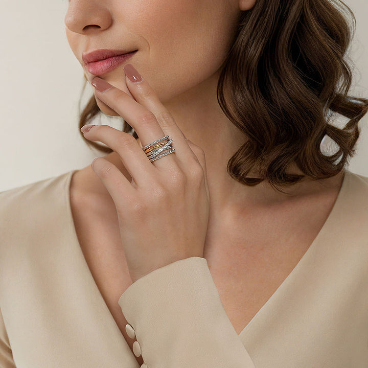 Gabriel & Co. Sterling Silver And 14K Yellow Gold Beaded Edges Multirow Ring With White Sapphires