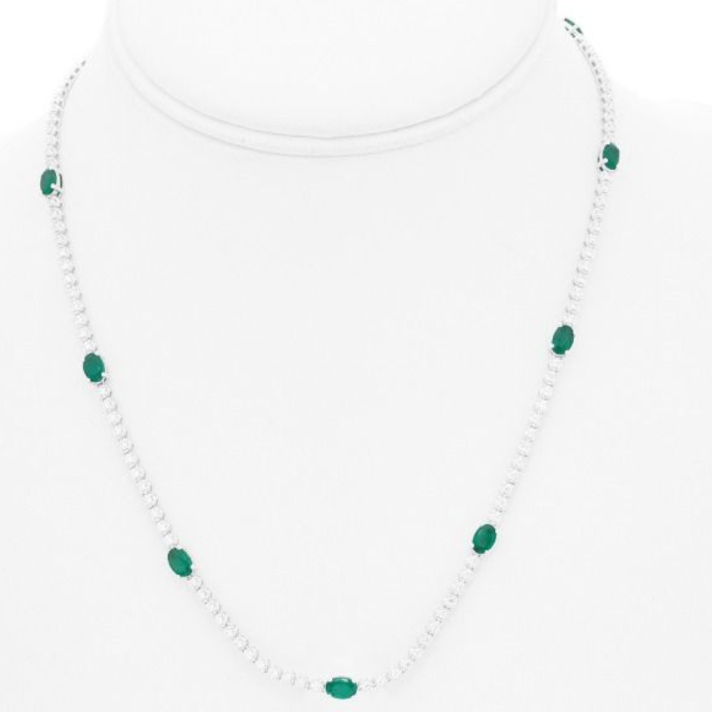 14K White Gold 3.20 CTW Oval Emerald And 2.00 CTW Diamond 17" Necklace