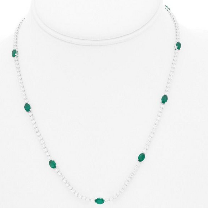 14K White Gold 3.20 CTW Oval Emerald And 2.00 CTW Diamond 17" Necklace