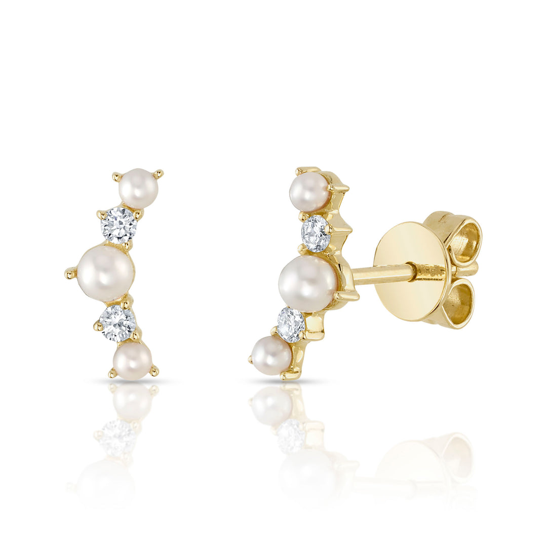 Women's 14K Yellow Gold Shy Creation White Pearl Stud Earrings With 0.09 CTW Diamonds