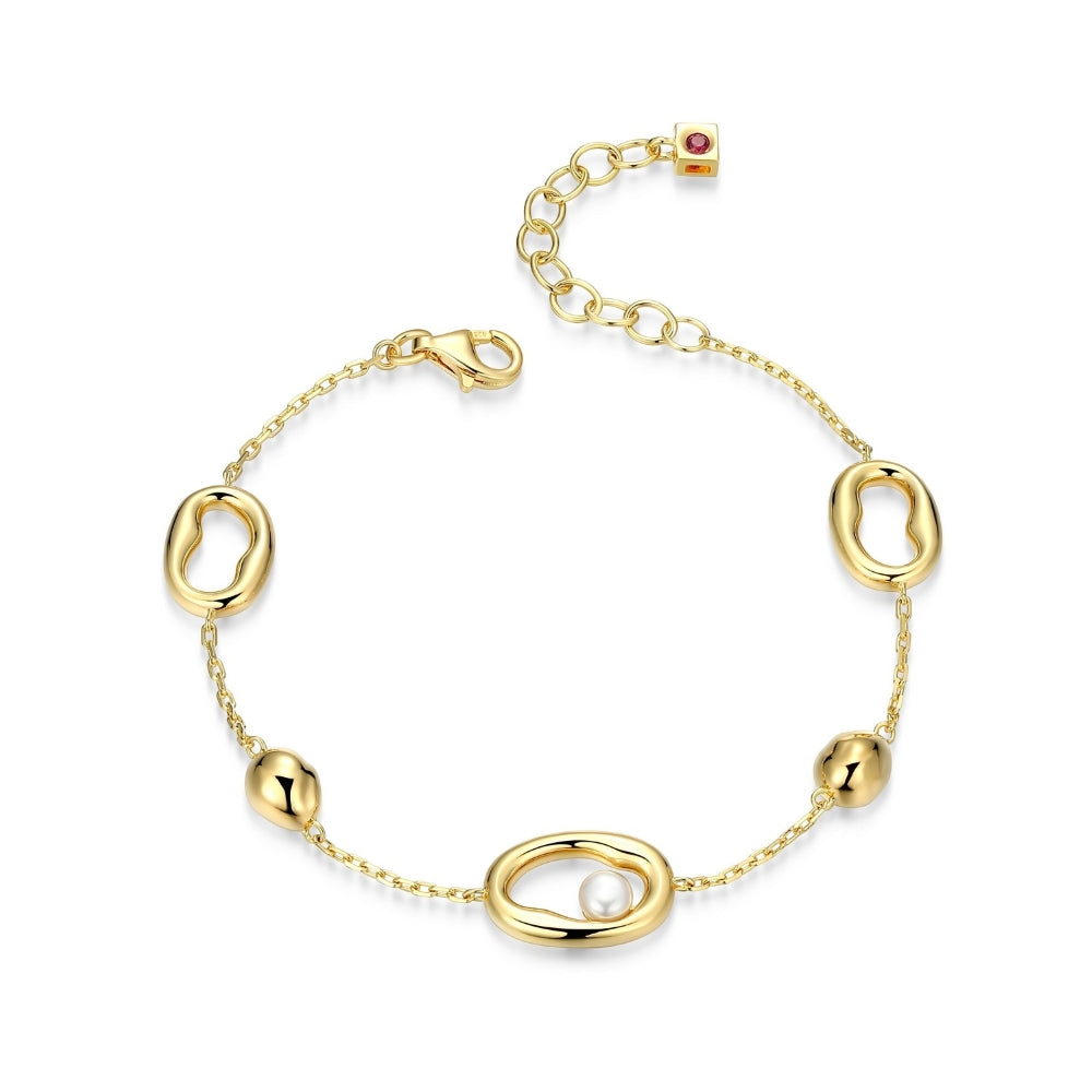 ELLE Yellow Gold Plated Sterling Silver Bracelet With Stationed Open Oval Link Motifs With White Pearl