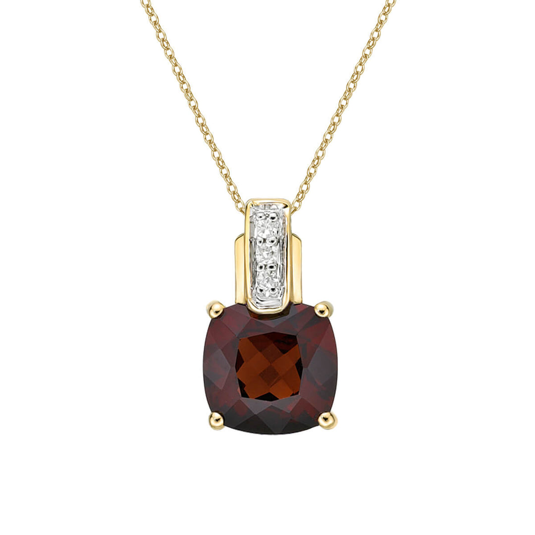 10K Yellow/White Gold 7x7mm Cushion Garnet And 0.03 TDW Diamond Pendant