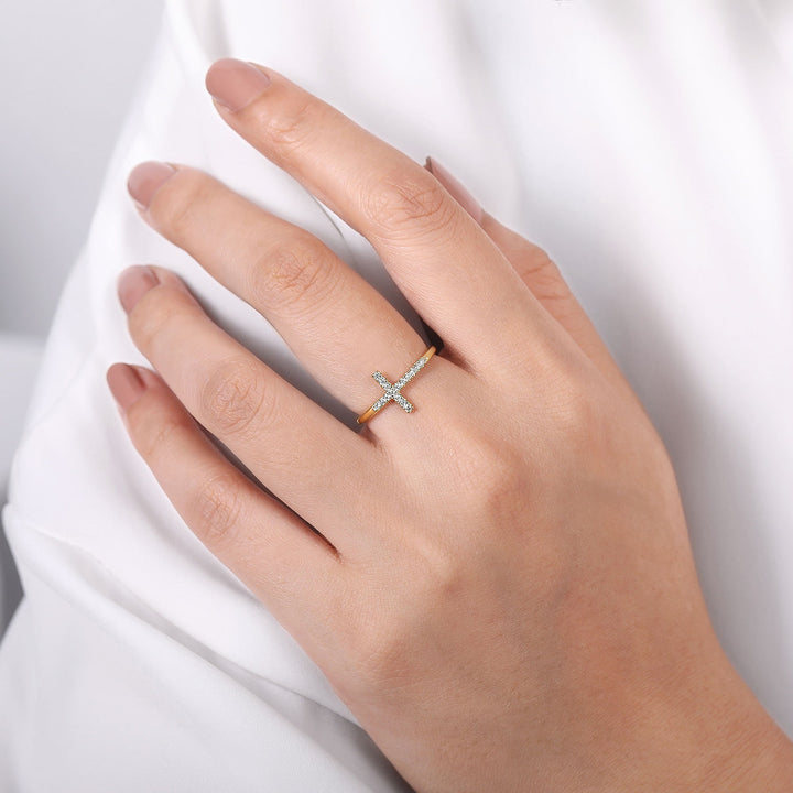14K Yellow Gold Gabriel & Co. 0.11 CTW Diamond Woman's Sideways Cross Ring