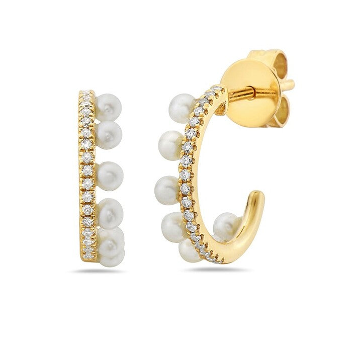 14 Karat Yellow Gold Pearl And 0.10 CTW Diamond Set Hoop Earrings