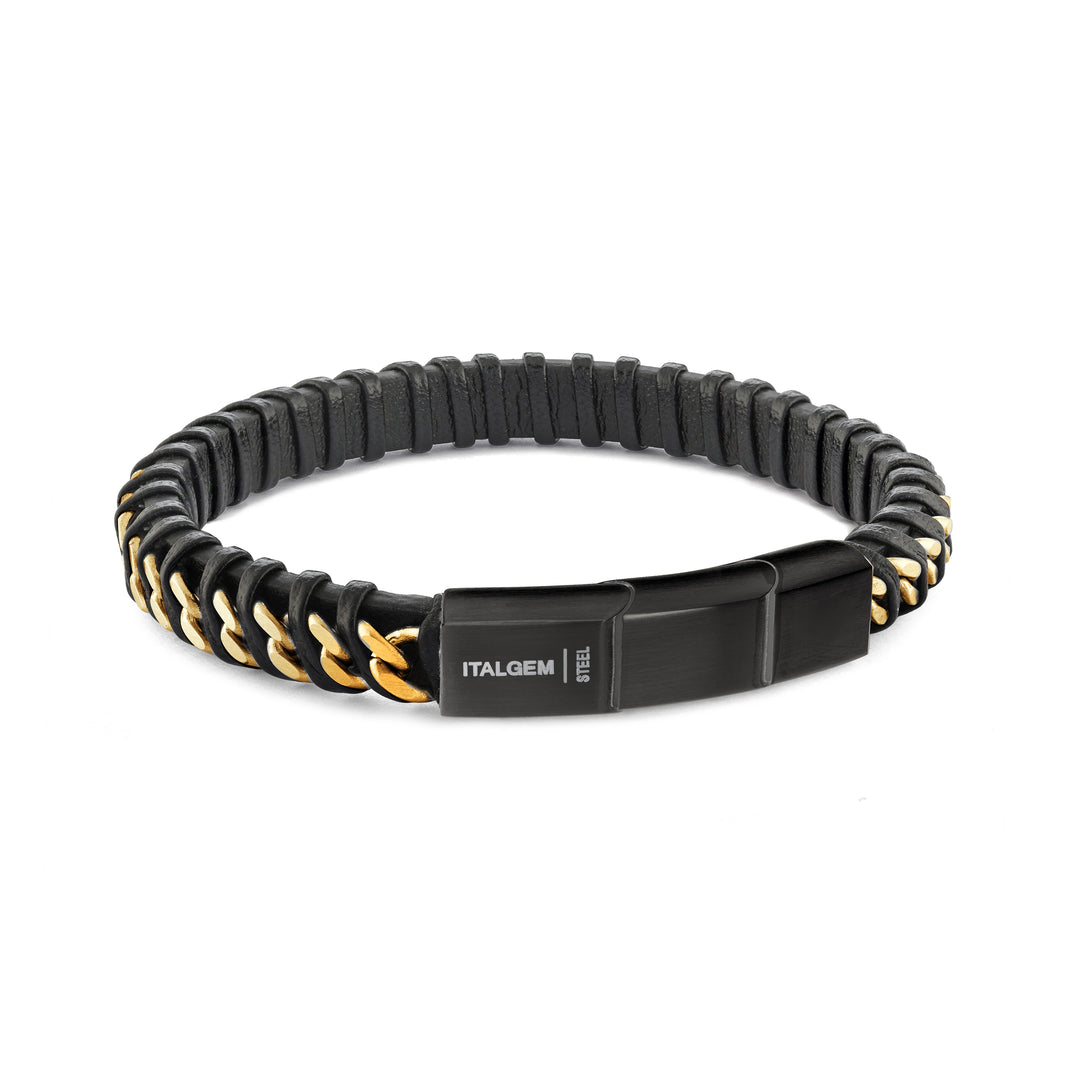 Italgem Black Stainless Steel Black Leather And Yellow Gold Plated Link Bracelet