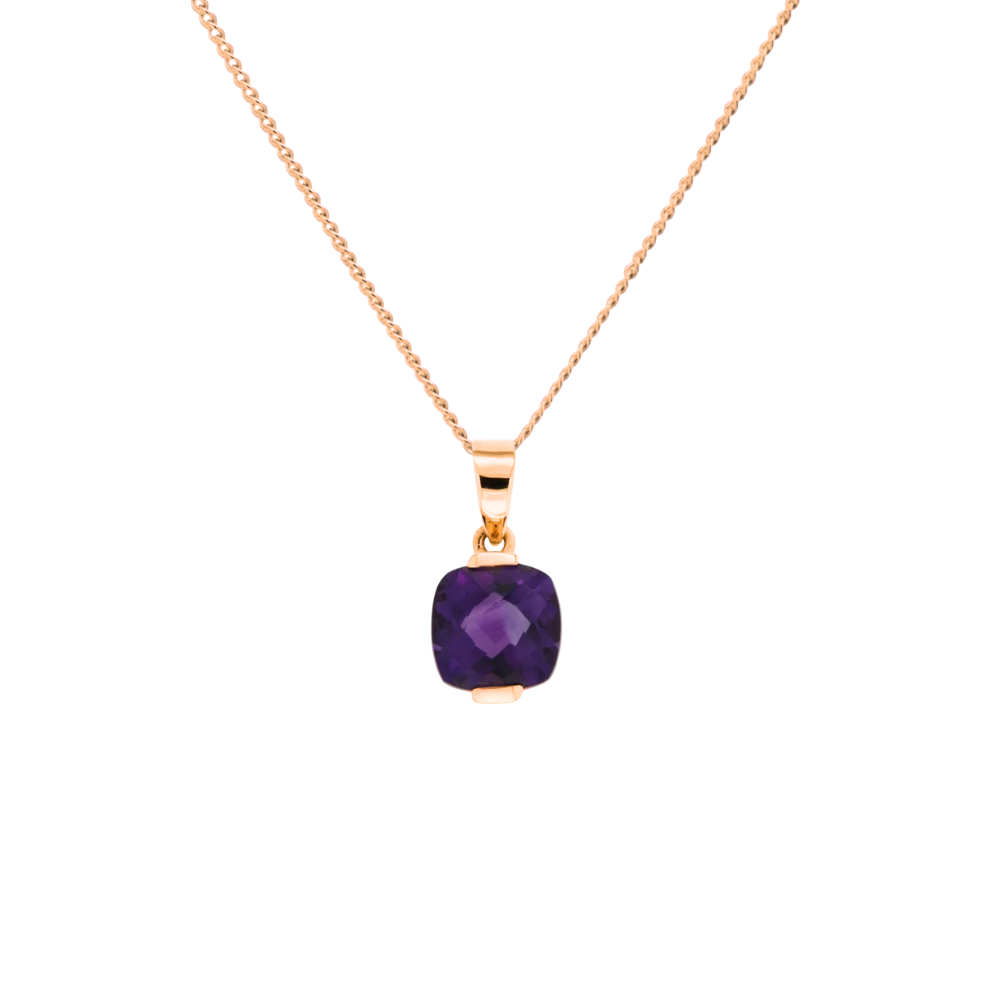 14K Rose Gold 8mm Cushion Cut Amethyst Solitaire Pendant