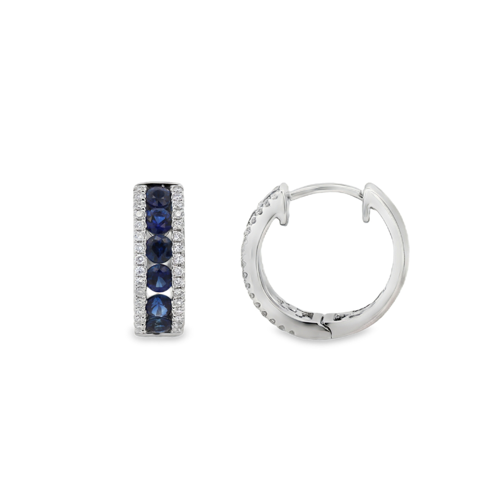 14K White Gold 0.88 CTW Round Sapphire And 0.16 CTW Diamond Huggie Earrings
