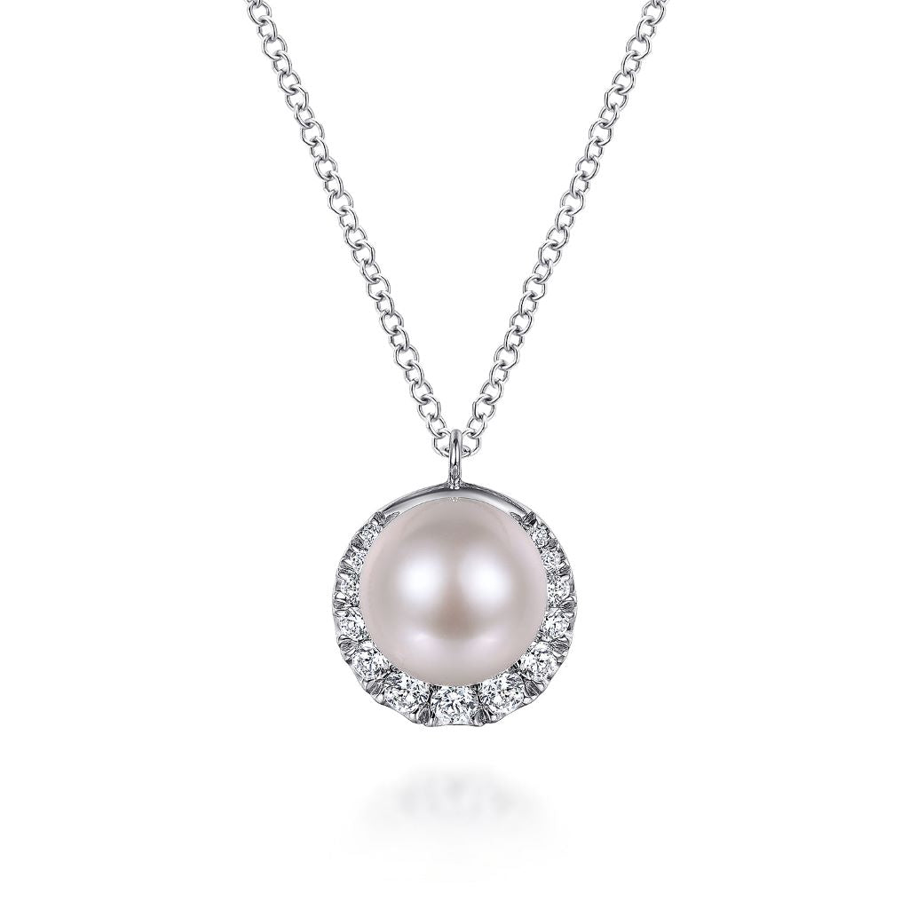 Women's 14K White Gold 7mm White Cultured Pearl And 0.18 CTW Diamond Pendant With Chain