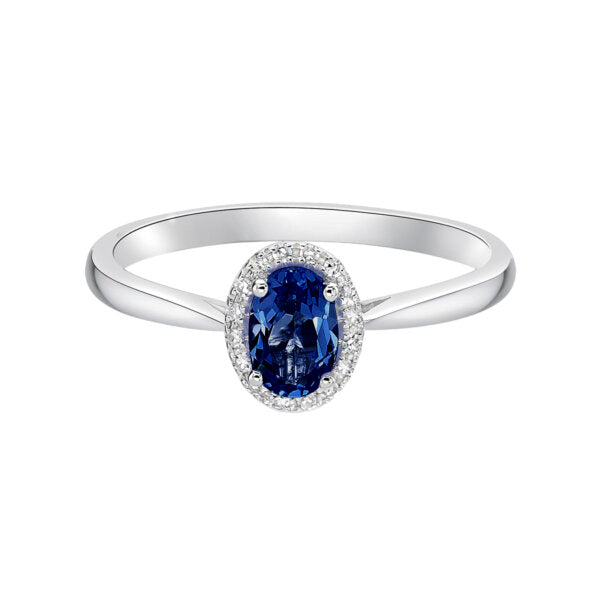 10K White Gold 6x4mm Oval Sapphire Ring With Diamond Halo