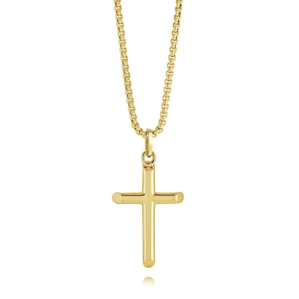 Stainless Steel Yellow Gold Plated Polished Cross Pendant, Complete With Round Box Link 22" Chain