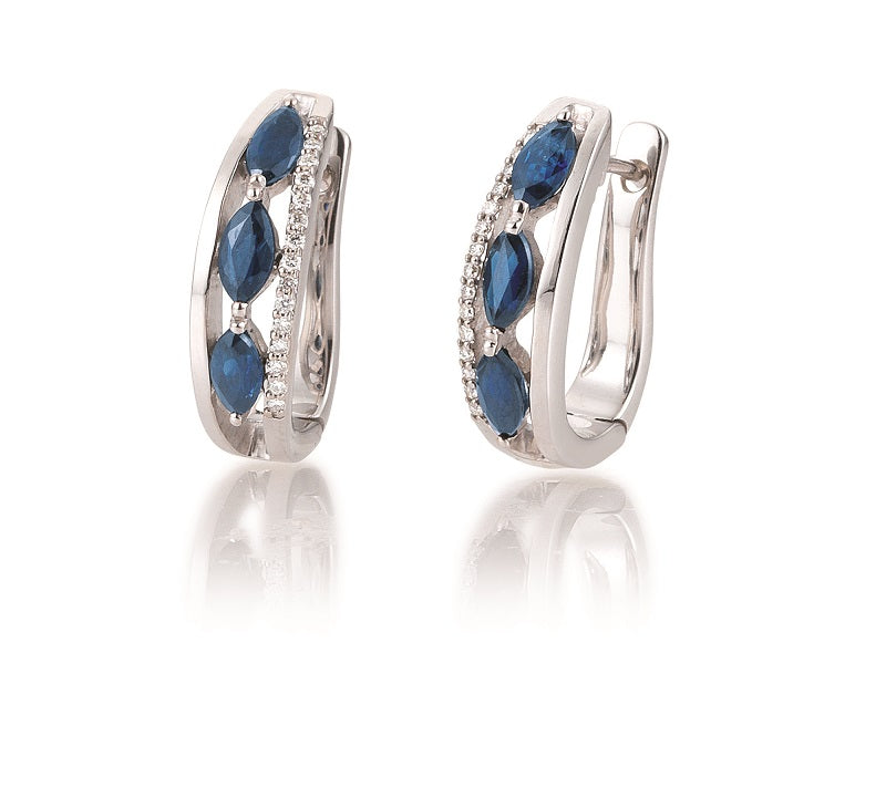 14K White Gold 1.44 CTW Marquis Sapphire And 0.12 TDW Diamond U-Shape Hoop Earrings